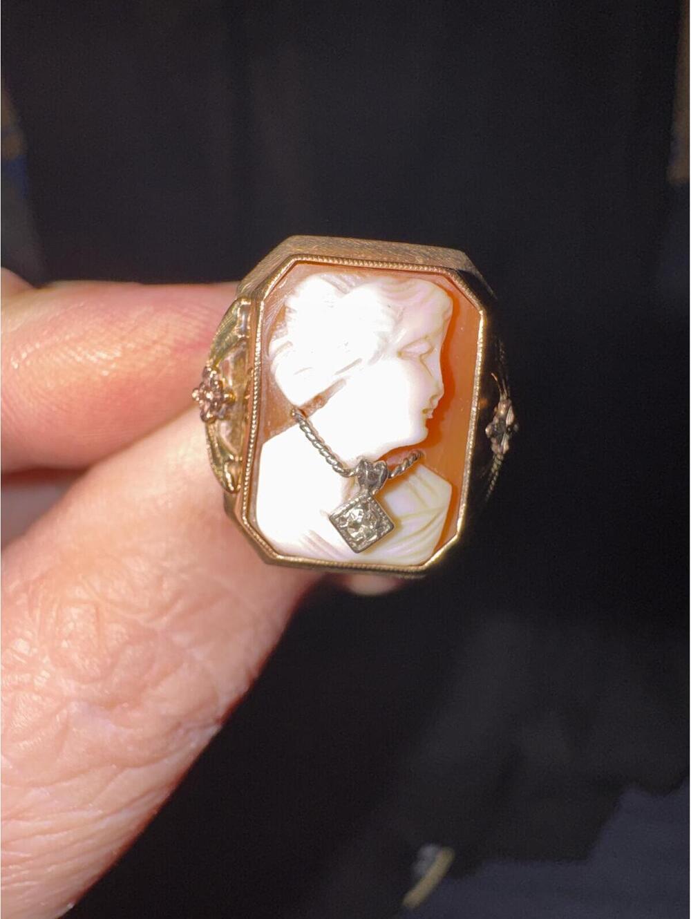 Vintage Hand Carved Shell Cameo Ring w/ Diamond Accent